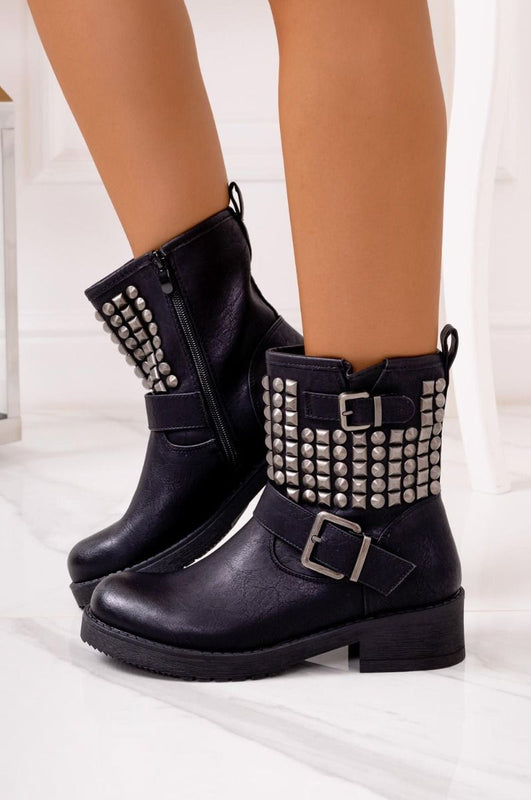 Black biker ankle boots with studs