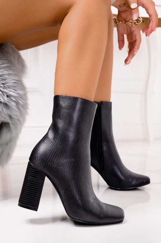 Bottines noires effet python à talon confortable
