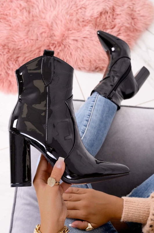 Black patent leather camperos ankle boots