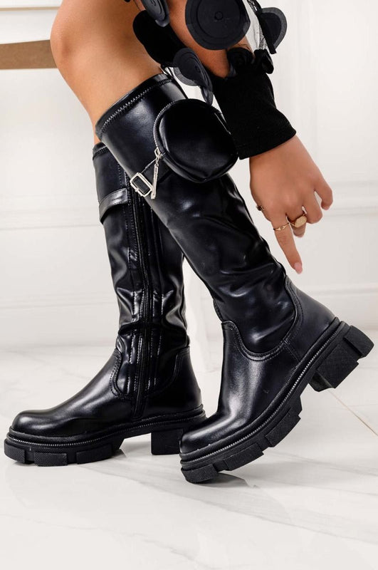 Black combat boots with pouch