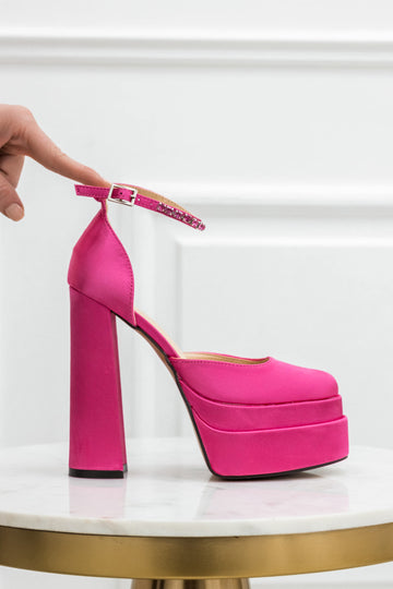MANILA - Fuchsia satin pumps with high heel, platform, and jeweled strap