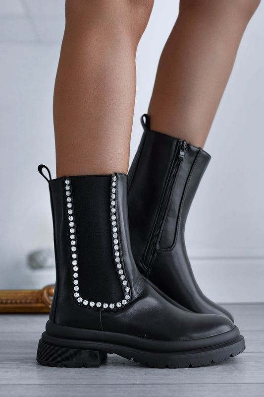 GIRONA - Black ankle boots with elastic and rhinestone trim