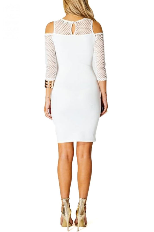 Sheath dress with mesh sleeves and neckline - White