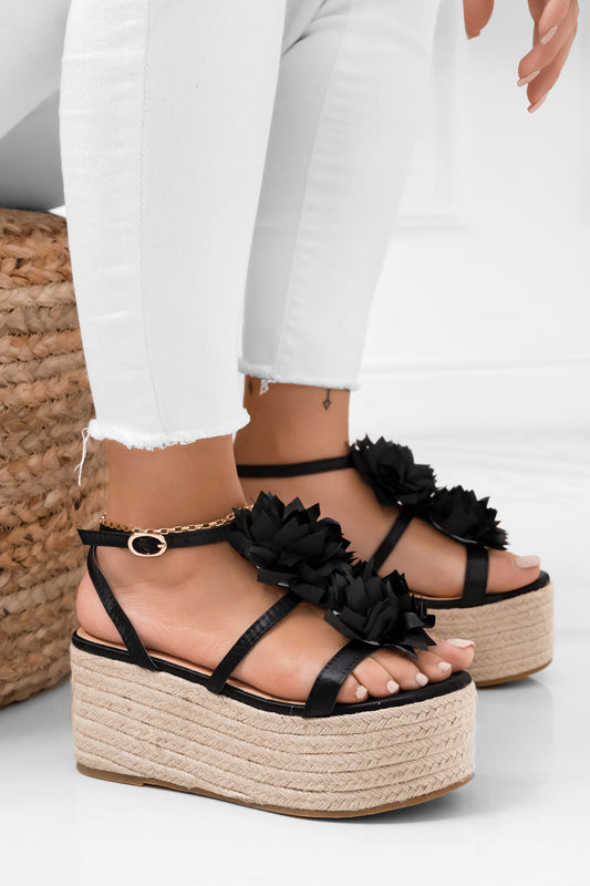 Sandales espadrilles noirs en satin avec fleur appliquée