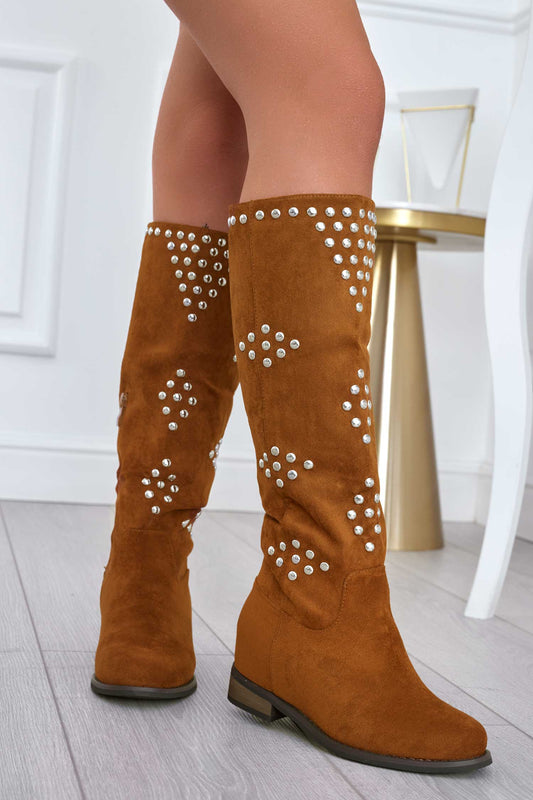Brown suede boots with studs