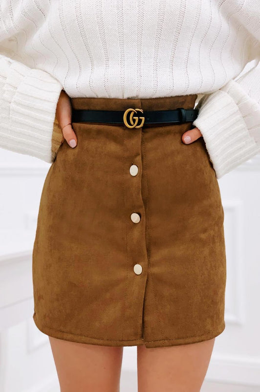Skirt with gold buttons in Camel suede fabric
