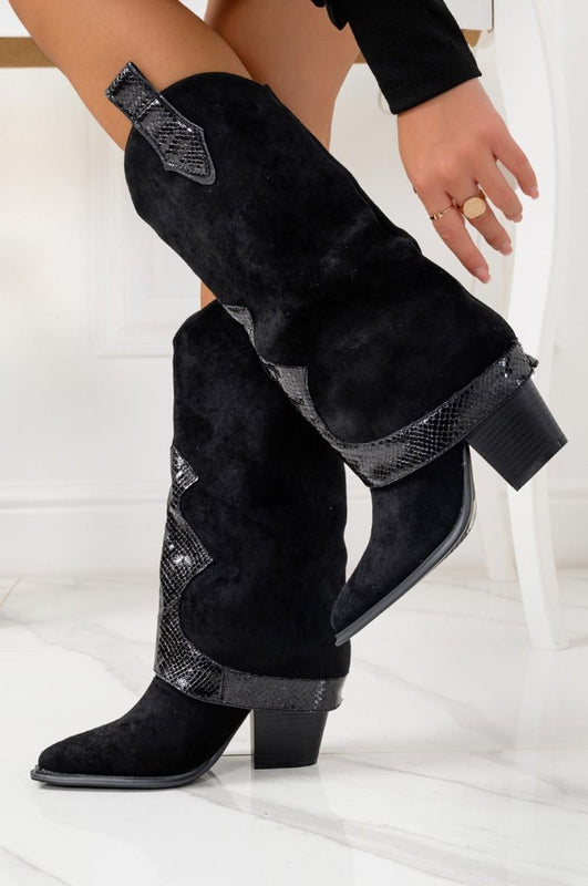 Bottes camperos noires avec empiècements effet python