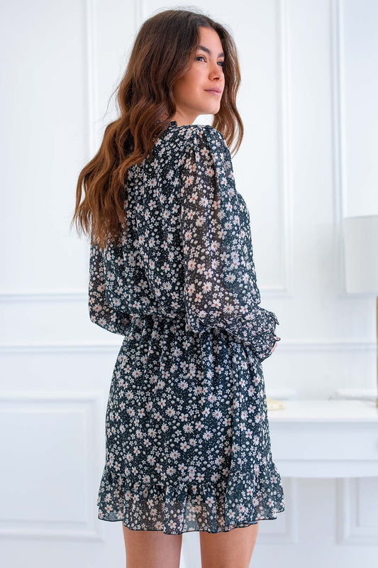 Robe en voile noir avec imprimé marguerite