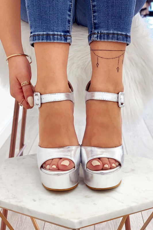 Metallic silver high-heeled sandals