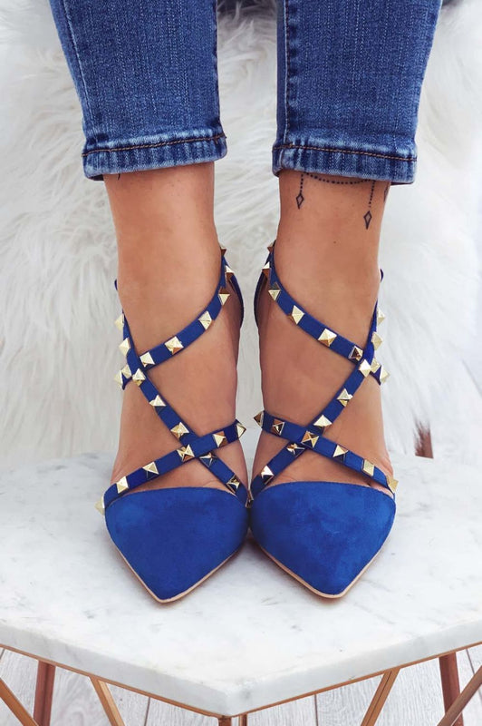 Blue suede pumps with gold studs and high heel