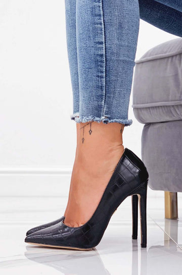Escarpins noirs en simili cuir crocodile à talons hauts
