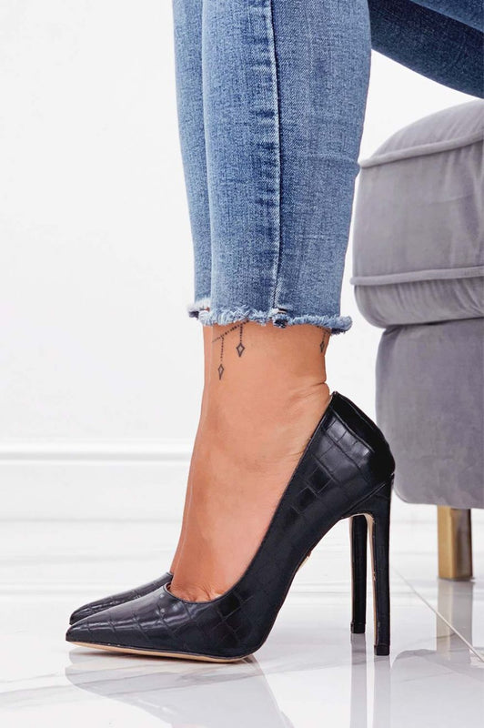 Escarpins noirs en simili cuir crocodile à talons hauts