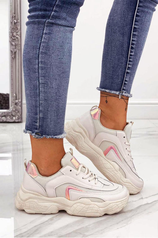 Sneakers beige con lacci e inserti metallizzati