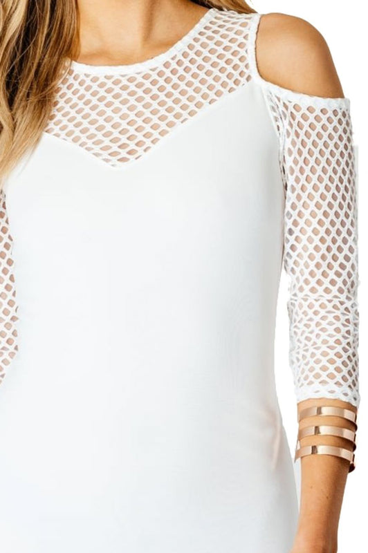 Sheath dress with mesh sleeves and neckline - White