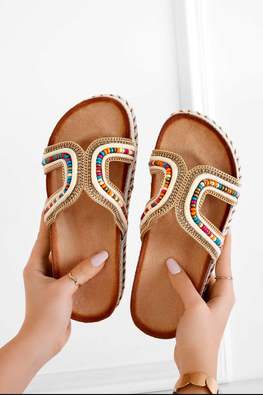 ADANA - Sandales chaussons beiges à pierres multicolores