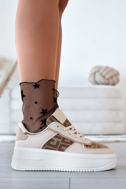 Sneakers beige con inserti in tessuto a fantasia