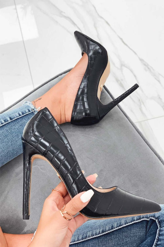 Escarpins noirs en simili cuir crocodile à talons hauts