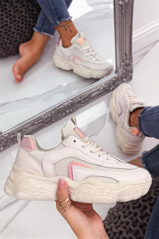 Sneakers beige con lacci e inserti metallizzati