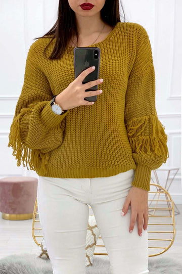 Pull avec manches ballon et franges Jaune Moutarde