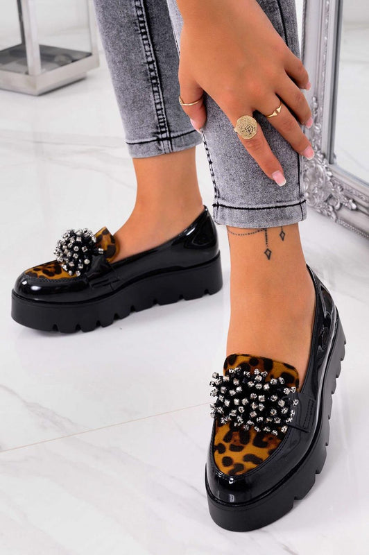 JESSY - Francesine nere in vernice con inserti maculati e strass