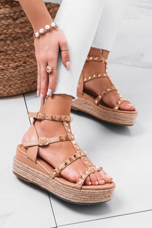 sandali espadrilles con borchie oro beige