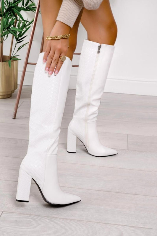 White faux leather boots with comfortable heel