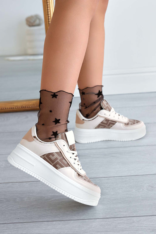 Sneakers beige con inserti in tessuto a fantasia