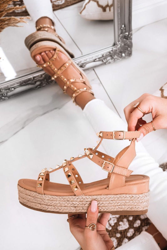 sandali espadrilles con borchie oro beige