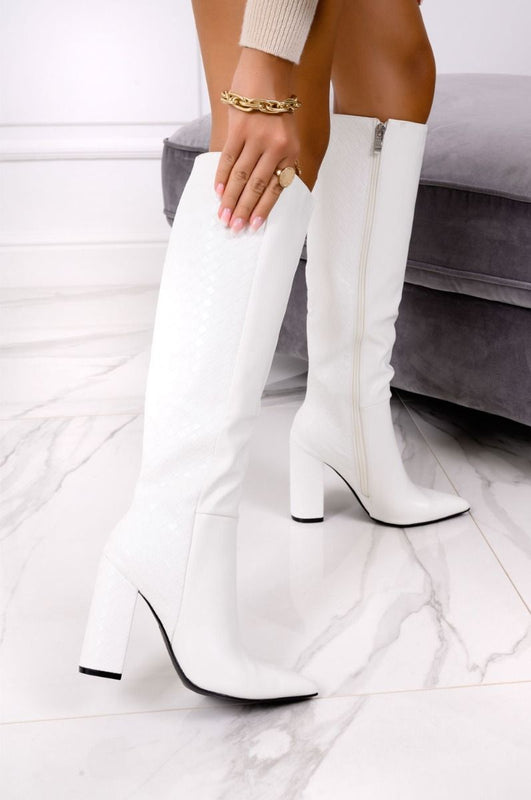 White faux leather boots with comfortable heel