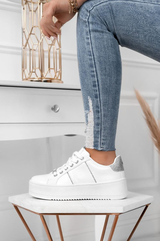 MORENA - Baskets blanches avec empiècements pailletés argentés