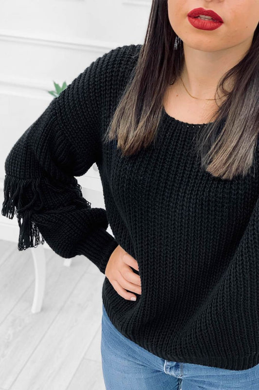 Pull avec manches ballon et franges Noir