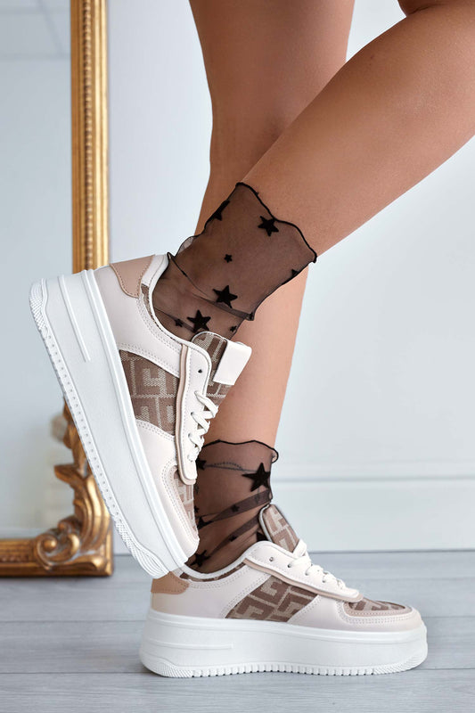 Sneakers beige con inserti in tessuto a fantasia