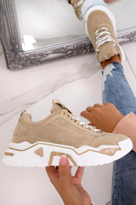 Beige suede sneakers with thick sole and laces