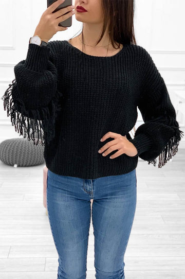 Pull avec manches ballon et franges Noir