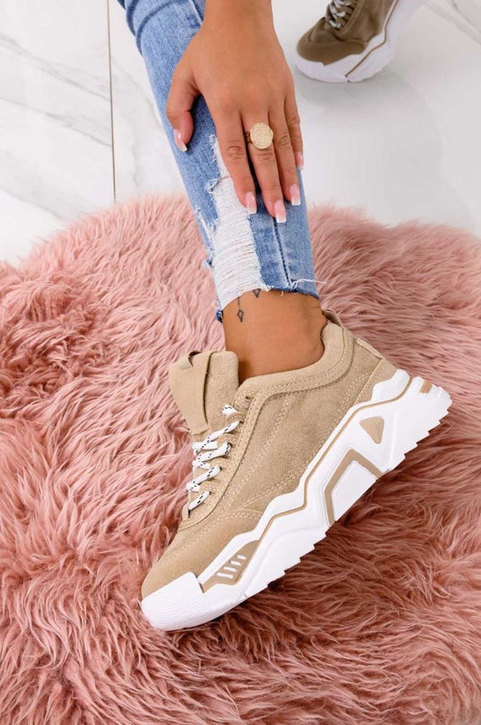 Beige suede sneakers with thick sole and laces