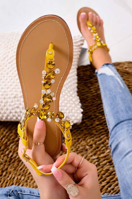NATALIA - Flat jeweled thong sandals with yellow stones