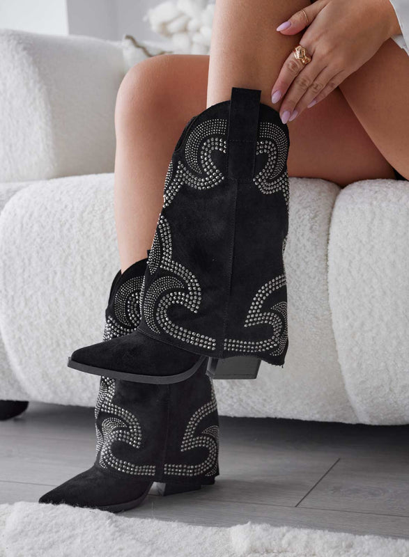 ARAGON - Camper boots en daim noir avec strass