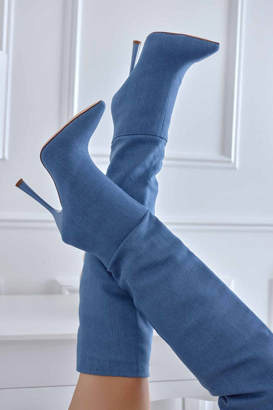 BICE - Bottes hautes en jean bleu à talon aiguille