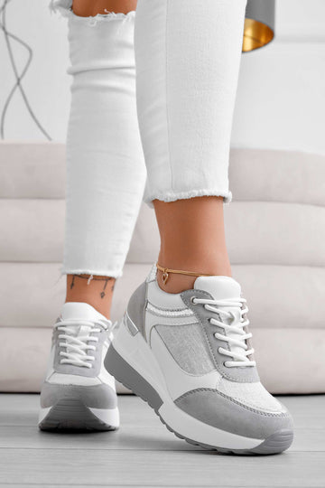 Gray sneakers with silver glitter fabric inserts