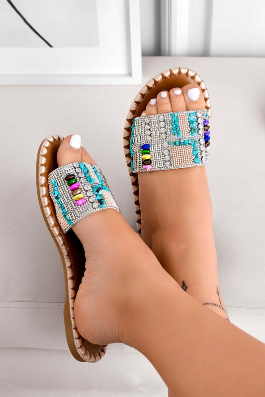 Sandales mules bijoux multicolores