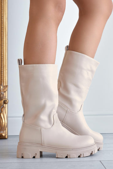 Beige combat ankle boots in faux leather