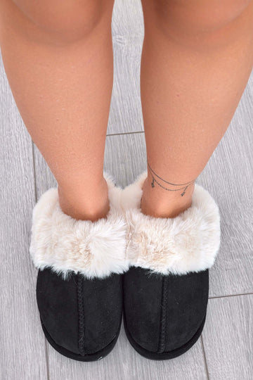 Black padded slippers with faux fur trim
