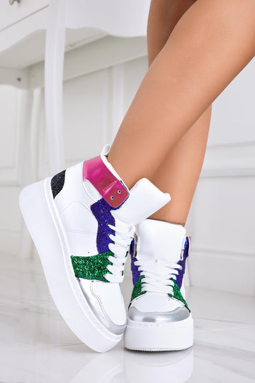 White sneakers with multicolor glitter inserts