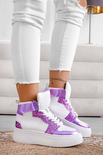Sneakers bianche con inserti glitter viola