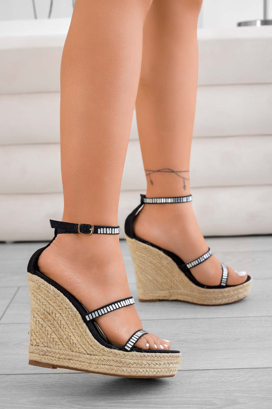 YVETTE - Sandales espadrilles noirs avec strass